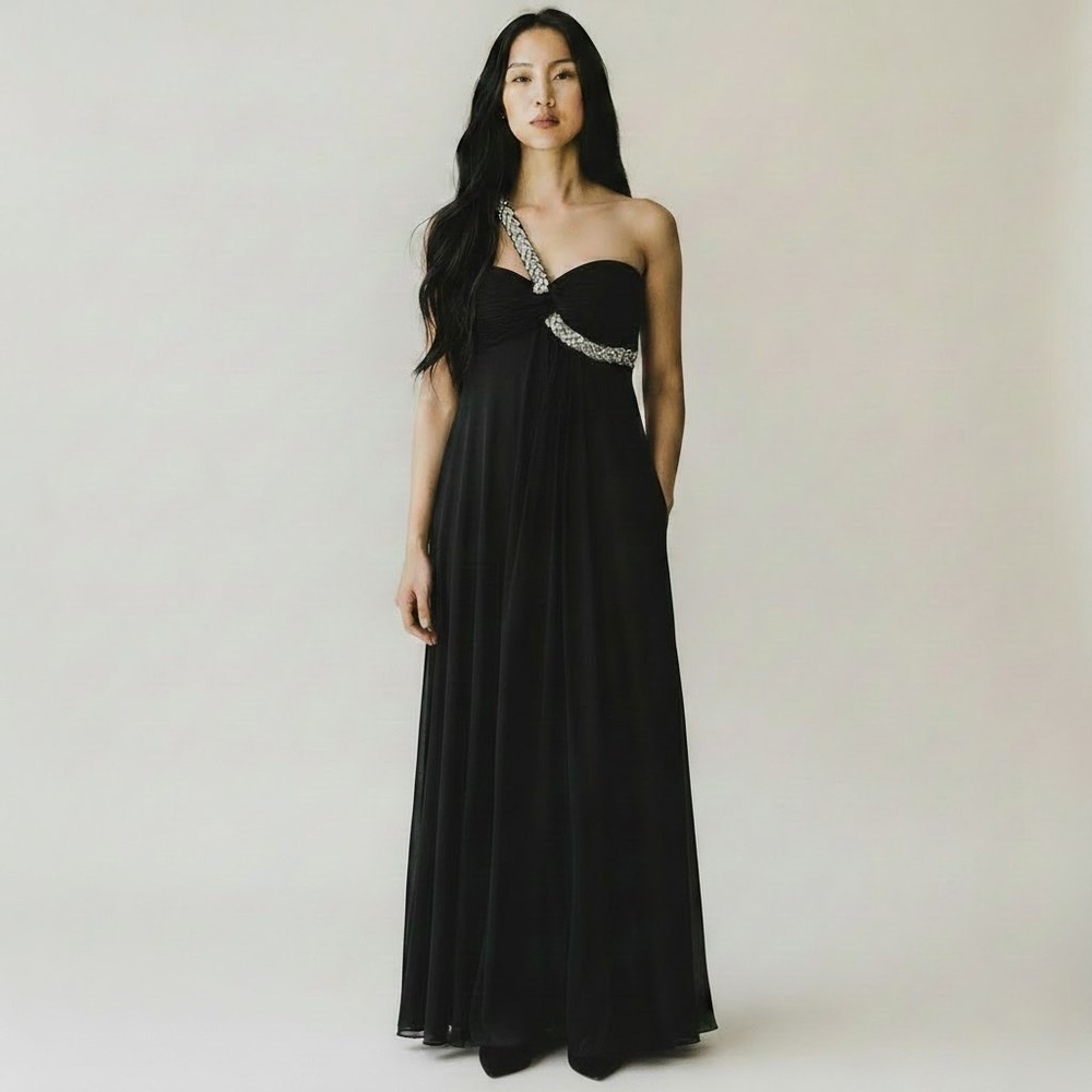 Betsy and Adam One Shoulder Gown Women 12 Black Rhinestone Ruched Maxi Dress Y2k